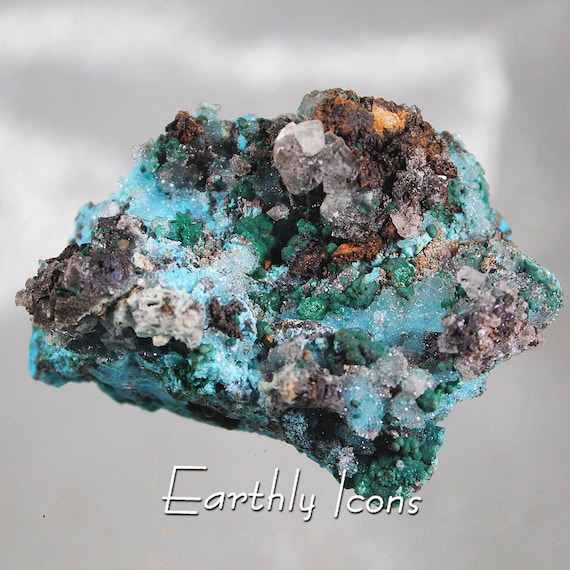 Rosasite with Calcite and Malachite; Ojeula Mine, Mexico; Rosasite Specimen; Rosasite Crystals; Raw Rosasite Specimen