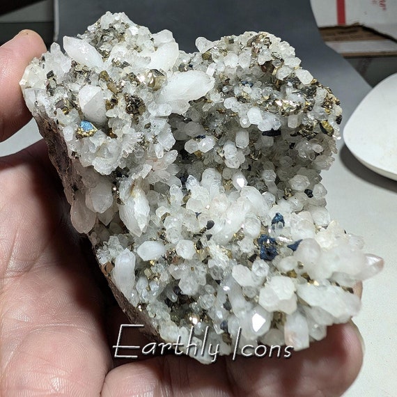 Pyrite and Chalcopyrite (Bornite) in Quartz from Brazil; Raw Mineral Specimen