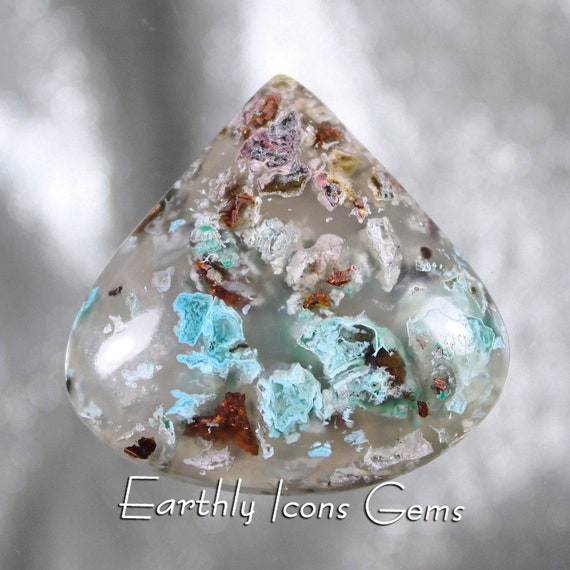 Native Copper and Chrysocolla in Chalcedony Designer Cut Cabochon; Designer Cabochons