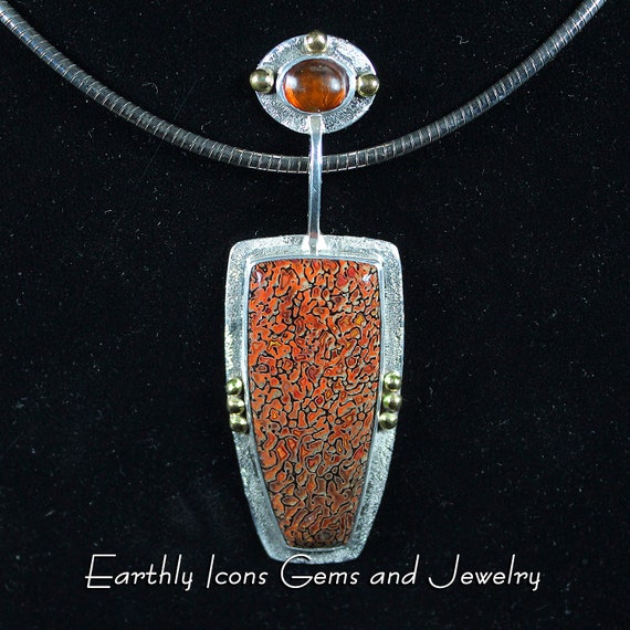 Dinosaur Bone and Amber Sterling Silver and 18kt Gold Pendant; Art Pendant; Dinosaur Bone Pendant; One of a Kind Pendant; Pendant for Her