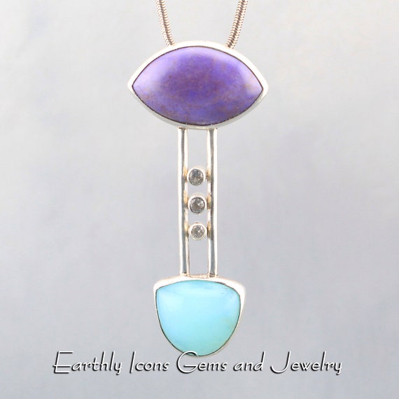 Lavender Jade, Peruvian Blue Opal with White Sapphires Sterling Silver Pendant; Art Pendant; One of a Kind Pendant; Pendant for Her