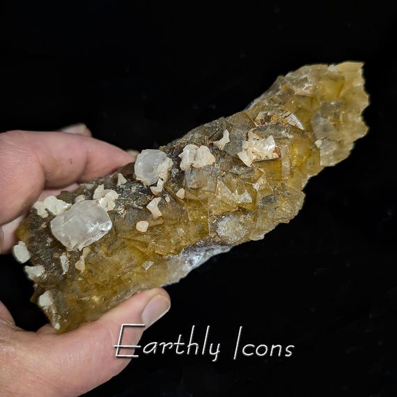 Yellow Fluorite with Calcite and Dolomite from Moscona Mine, Spain; Yellow Fluorite Cluster; Spanish Fluorite; Raw Fluorite Mineral Specimen