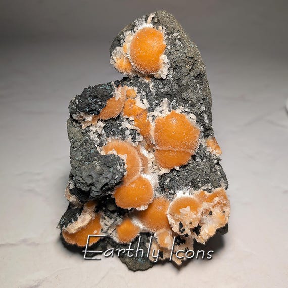 Large Bright Orange Thomsonite with Mesolite from India; Thomsonite Mineral Specimen; Botryoidal Thomsonite; Fibrous Mesolite Needles
