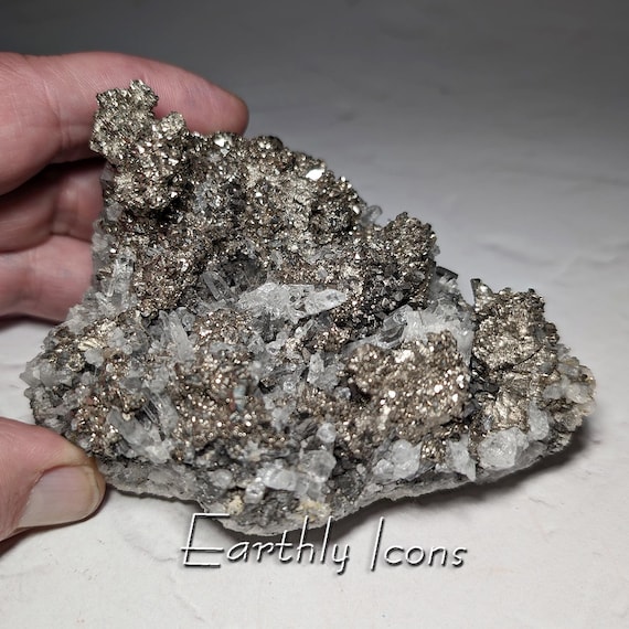 Pyrite Crystal Cluster with Quartz Crystals; Pyrite Cluster; Raw Pyrite and Quartz Specimen