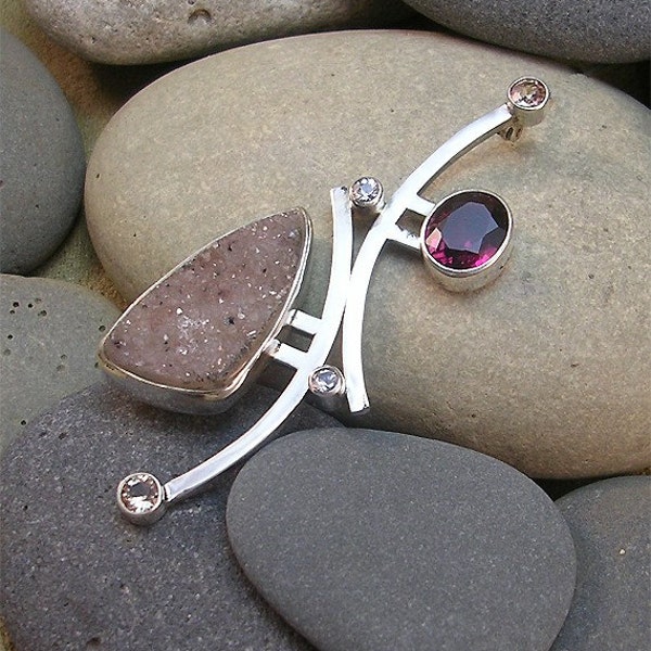 RESERVED FOR KEVIN - Druzy Agate and Pink Tourmaline with Topaz and White Sapphires (Pin)