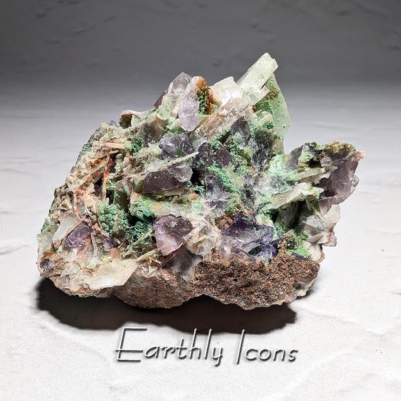 Fluorite, Malachite and Barite from Ojuela Mine, Mexico; Purple Flourite with Malachite; Raw Fluorite Combo Mineral Specimen