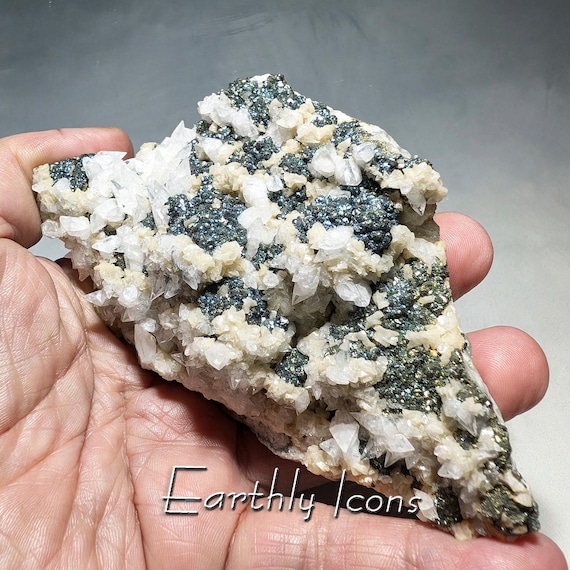 Chalcopyrite (Bornite) on Calcite from China; Raw Mineral Specimen; Fluorescent Dogtooth Calcite Cluster with Bornite