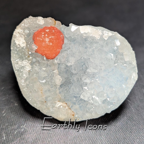 Rare Reddish Orange Botryoidal Fluorite on Quartz over Blue Chalcedony from Nashik, India; Botryoidal Fluorite; Raw Fluorite; Ball Fluorite