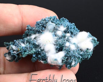 Okenite on Blue Chalcedony from India; Raw Mineral Display Specimen; Okenite Crystal Clusters on Chalcedony