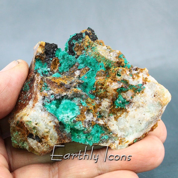 Brochantite from Morocco; Druzy Brochantite Specimen; Raw Brochantite Mineral Specimen; Green Brochantite Acicular Crystals