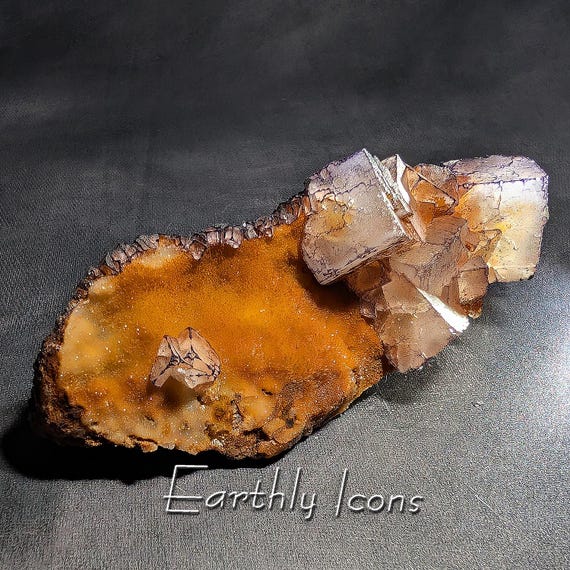 Purple Edged Fluorite with Orange Iron Stained Druzy from Qinglong Mine, Guizhou Province, China, Chinese Fluorite; Fluorite Crystals