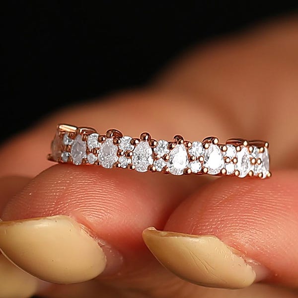 Prong Pave Set halve eeuwigheid peer ronde Moissaniet gesimuleerde diamanten trouwring jubileumring