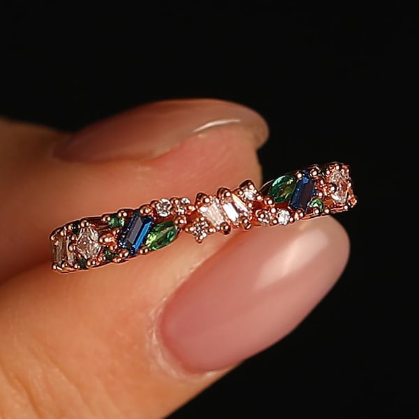 Solid Gold 10K/14K Stackable Matching Ring Band Womens Jewelry Ring Vintage Cluster Emerald & Sapphire Diamond Promise Wedding Ring