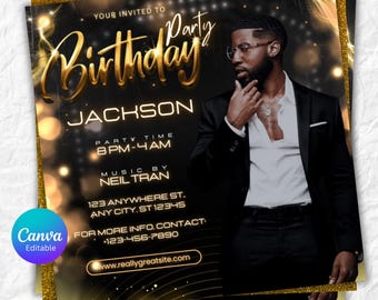 Luxury Black & Gold Birthday Flyer Template, Champagne Birthday Invitation, Glam Adult Birthday Party Flyer, Digital Download