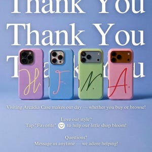 May include: Four colorful phone cases with the letters H, J, N, and A in a cursive font. The cases are lavender, blue, green, and pink. The background is a light blue with the words "Thank You" repeated. Text on the image says "Visiting Arcadia Case makes our day".