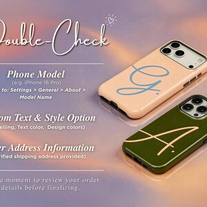 May include: Two phone cases with custom designs. One is peach-colored with a light blue "G", the other is olive green with a white "A". The image includes text about phone model, custom text options, and order details.