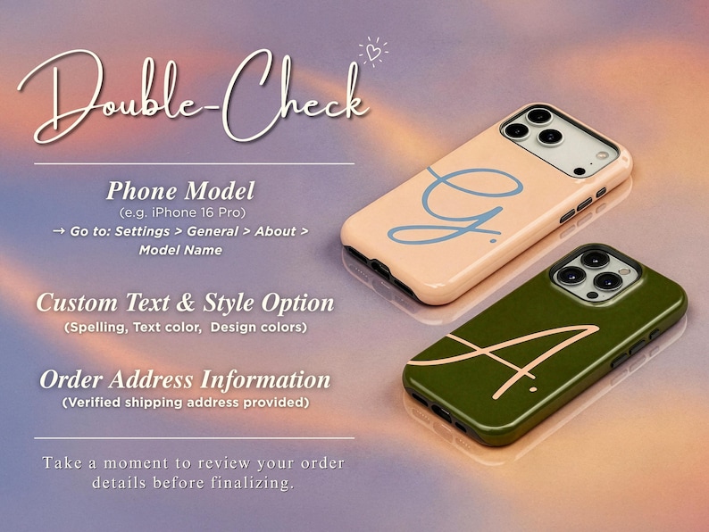 May include: Two phone cases with custom designs. One is peach-colored with a light blue "G", the other is olive green with a white "A". The image includes text about phone model, custom text options, and order details.