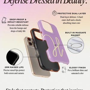 May include: An exploded view of a phone case with a protective dual-layer design. The case is shown in three parts: a black inner layer, a gold-colored phone, and a lavender outer shell with a gold letter "H" design. Text reads "Defense Dressed in Beauty."