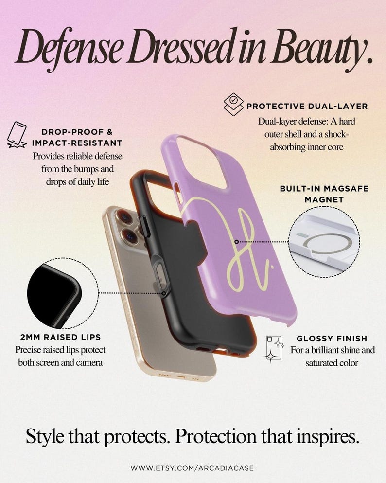 May include: An exploded view of a phone case with a protective dual-layer design. The case is shown in three parts: a black inner layer, a gold-colored phone, and a lavender outer shell with a gold letter "H" design. Text reads "Defense Dressed in Beauty."