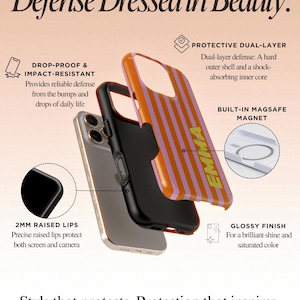 May include: An exploded view of a phone case with a protective dual-layer design. The outer shell is orange with vertical purple stripes and the word "EMMA" in yellow. The inner core is black. The phone case is drop-proof and impact-resistant.
