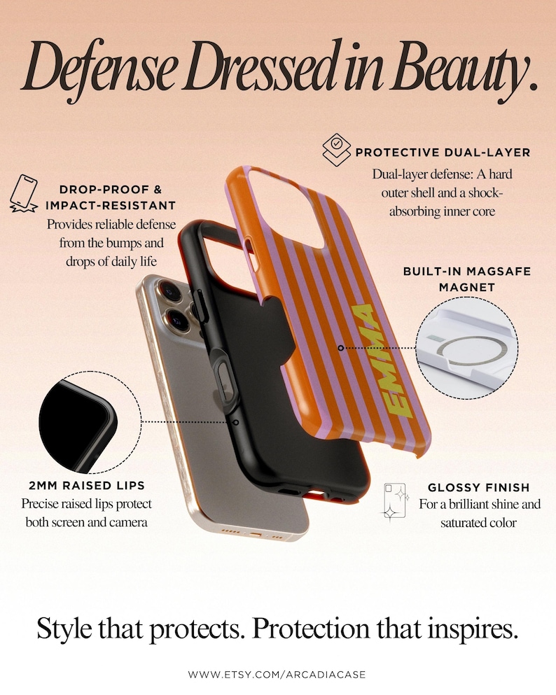 May include: An exploded view of a phone case with a protective dual-layer design. The outer shell is orange with vertical purple stripes and the word "EMMA" in yellow. The inner core is black. The phone case is drop-proof and impact-resistant.