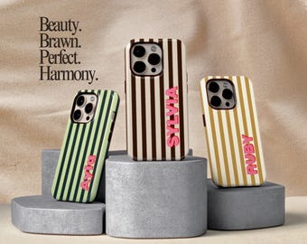 Gepersonaliseerde telefoonhoes met gestreept monogram, stevige beschermhoes