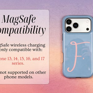 May include: A light blue iPhone case with a pink letter "F" design. The case is compatible with iPhone 13, 14, 15, 16, and 17 series phones. The text "MagSafe Compatibility" is also visible.