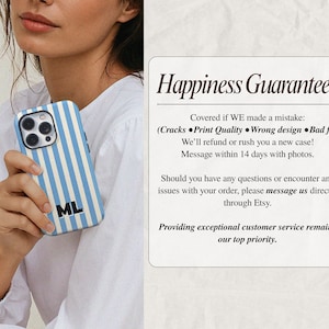 May include: A blue and white striped phone case with the initials "ML" in black. The case is held by a person. The image also includes text that says "Happiness Guaranteed".