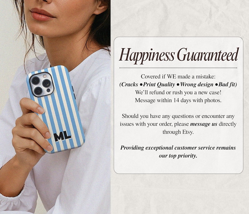 May include: A blue and white striped phone case with the initials "ML" in black. The case is held by a person. The image also includes text that says "Happiness Guaranteed".