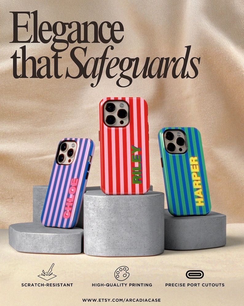 May include: Three personalised phone cases with vertical stripes in red, blue, and green, each with a different name. The cases are displayed on grey geometric blocks. The text "Elegance that Safeguards" is at the top.
