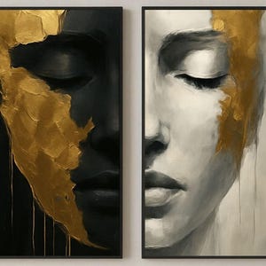 Gold Face abstract portret tweeluik: moderne canvaskunstprints, afdrukbare muurkunst (digitale download)