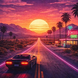 May include: Digital art of a car driving down a road at sunset. The sky is filled with pink and purple hues, with a large sun setting over the mountains. A neon sign reads "Oasis Gas".