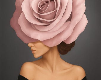 Pink Rose Woman Portrait, Modern Minimalist Art Print, Floral Face Printable Poster, Digital Download