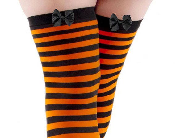 Thigh High Socks One Size Fits Most Stripes w/Green Bows Halloween Witch Costume 