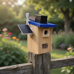 May include: A wooden birdhouse with a blue roof and a solar panel attached. The birdhouse has a small round entrance hole and a black box on top. The American flag is printed on the front of the birdhouse.