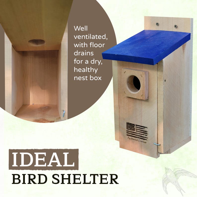 Puede incluir: Una casa para p&aacute;jaros de madera con techo azul y un orificio de entrada circular. La casa para p&aacute;jaros tiene el texto "IDEAL BIRD SHELTER" y "Bien ventilado, con desag&uuml;es para un nido seco y saludable". Tambi&eacute;n presenta una bandera estadounidense.