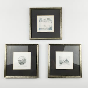 Set of 3 Vintage Signed Etchings 1970s – Numbered Limited Edition Prints – Framed Mini Landscape Lithographs – Mid Century Wall Art