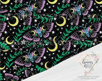 Mystical Moth Seamless Digital Pattern, Witch, Occult, Stars, Spooky Seamless, Witchy Seamless