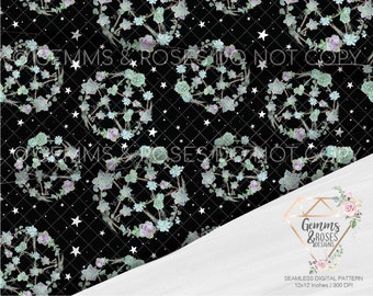 Pentagarden Succulent Black Seamless Sublimation DTG PNG, Witch, Occult, Succulents, Cottagecore Sublimation, Mushroom, Pentagram, Witchy