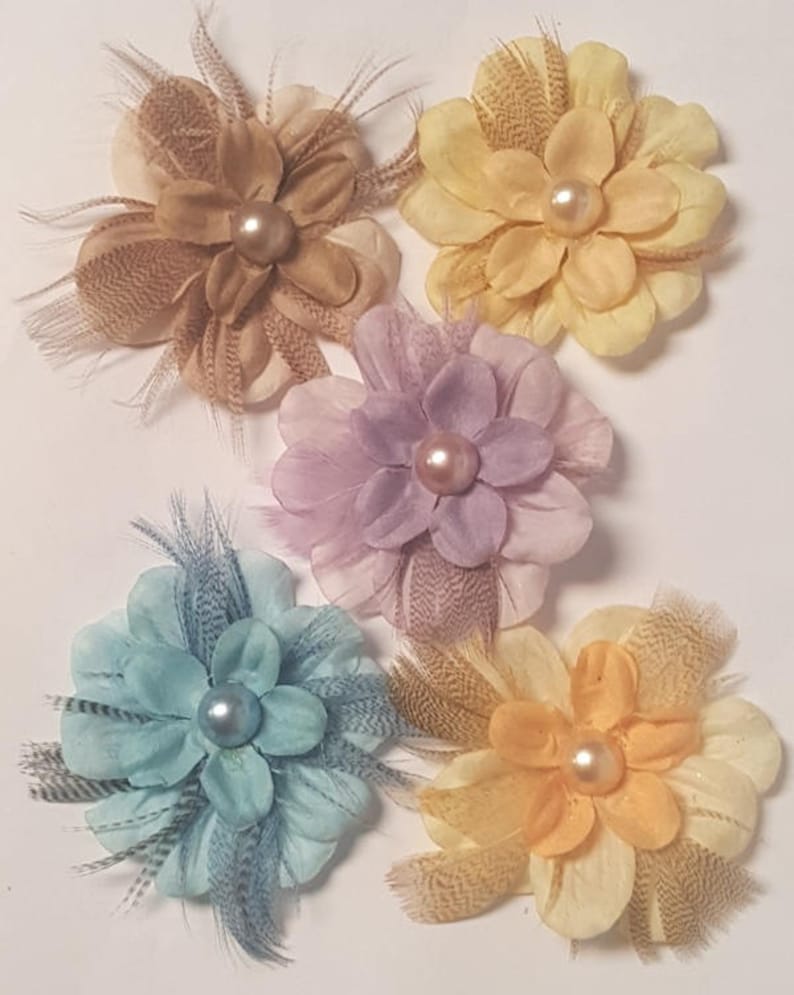 Petite Flower Feather and Pearl Accent Headband Preemie Infany Toddler Taupe Blue Yellow Orange Lavender Headband
