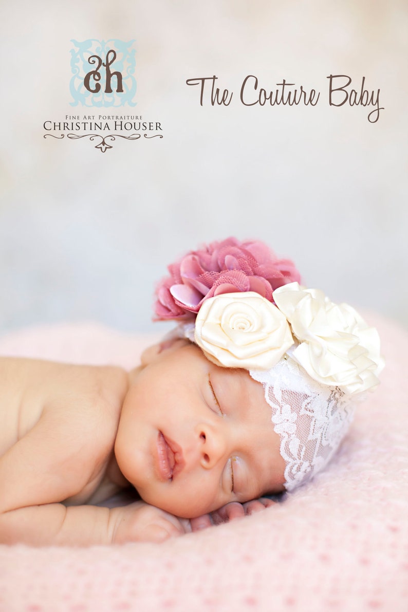 Vintage Ivory Mauve Rose Flower Lace Headband