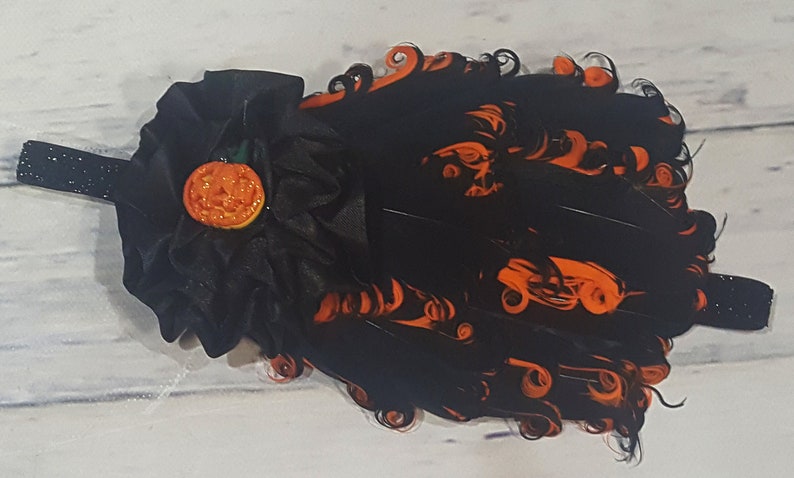 Orange and Black Curley Feather Pad Halloween Crystal or Pumpkin Center Flower Headband Newborn Infant Toddler Big Girl Headband FREE SHIP