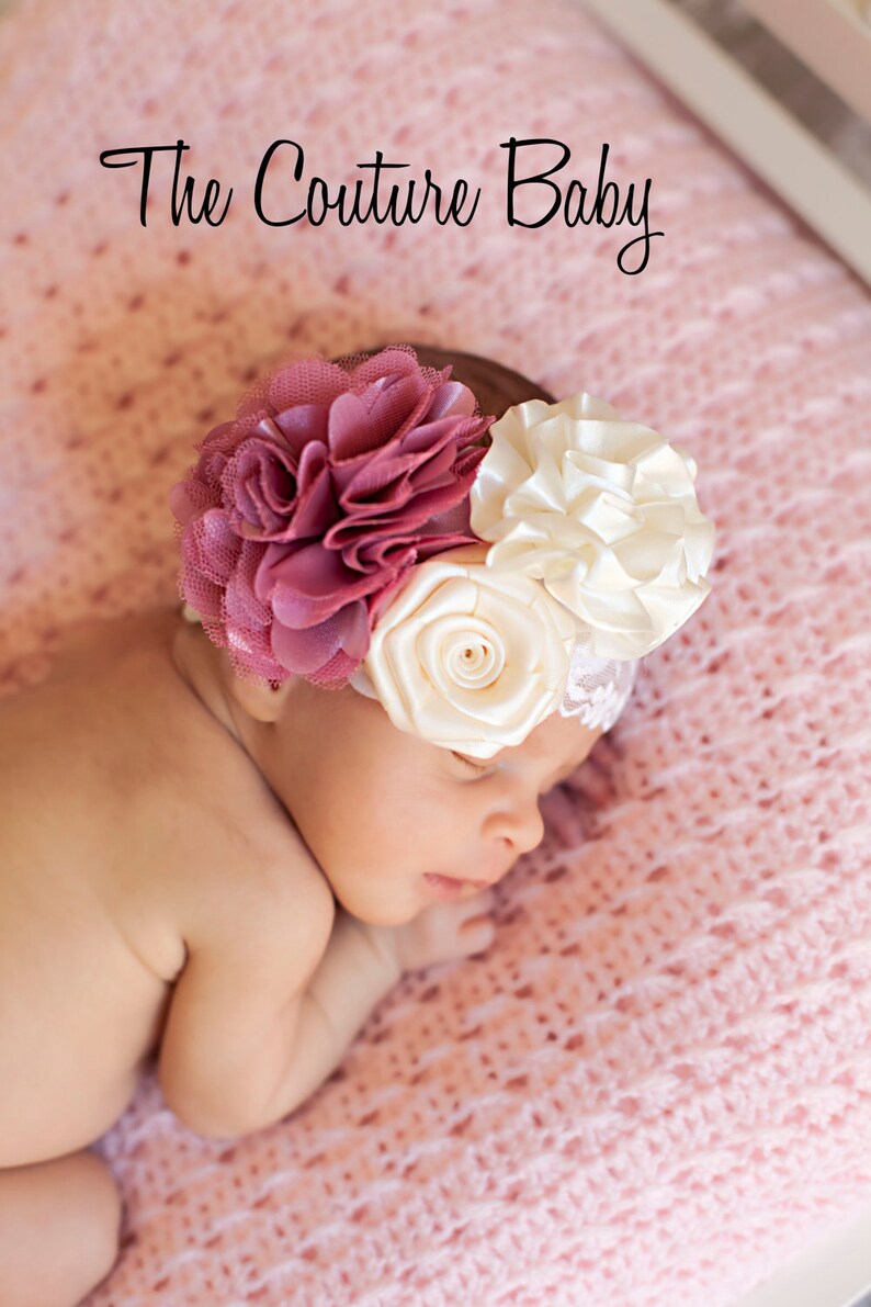 Vintage Ivory Mauve Rose Flower Lace Headband