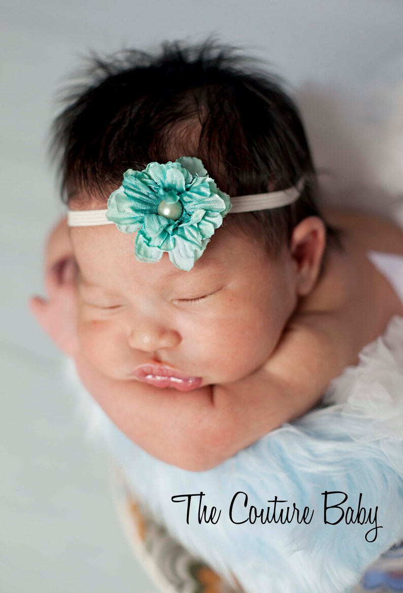 Aqua Green Mini Flower Pearl Skinny Headband Preemie Newborn Infant Toddler Big Girl Aqua Headband