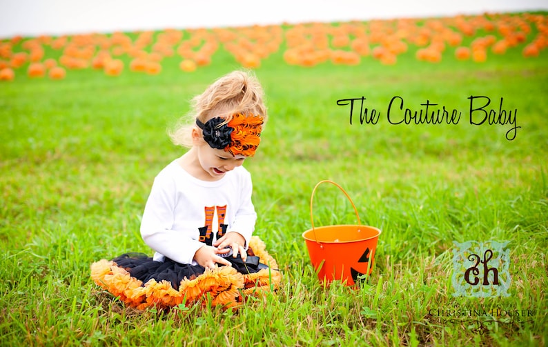 Orange and Black Curley Feather Pad Halloween Crystal or Pumpkin Center Flower Headband Newborn Infant Toddler Big Girl Headband FREE SHIP