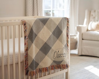 Woven Blanket — Buffalo Check Personalized Name & Date, Neutral Farmhouse, Black Cream
