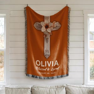 Personalized Baptism Baby Blanket, Floral Cross Christening Blanket for Girl, Custom Name Woven Throw