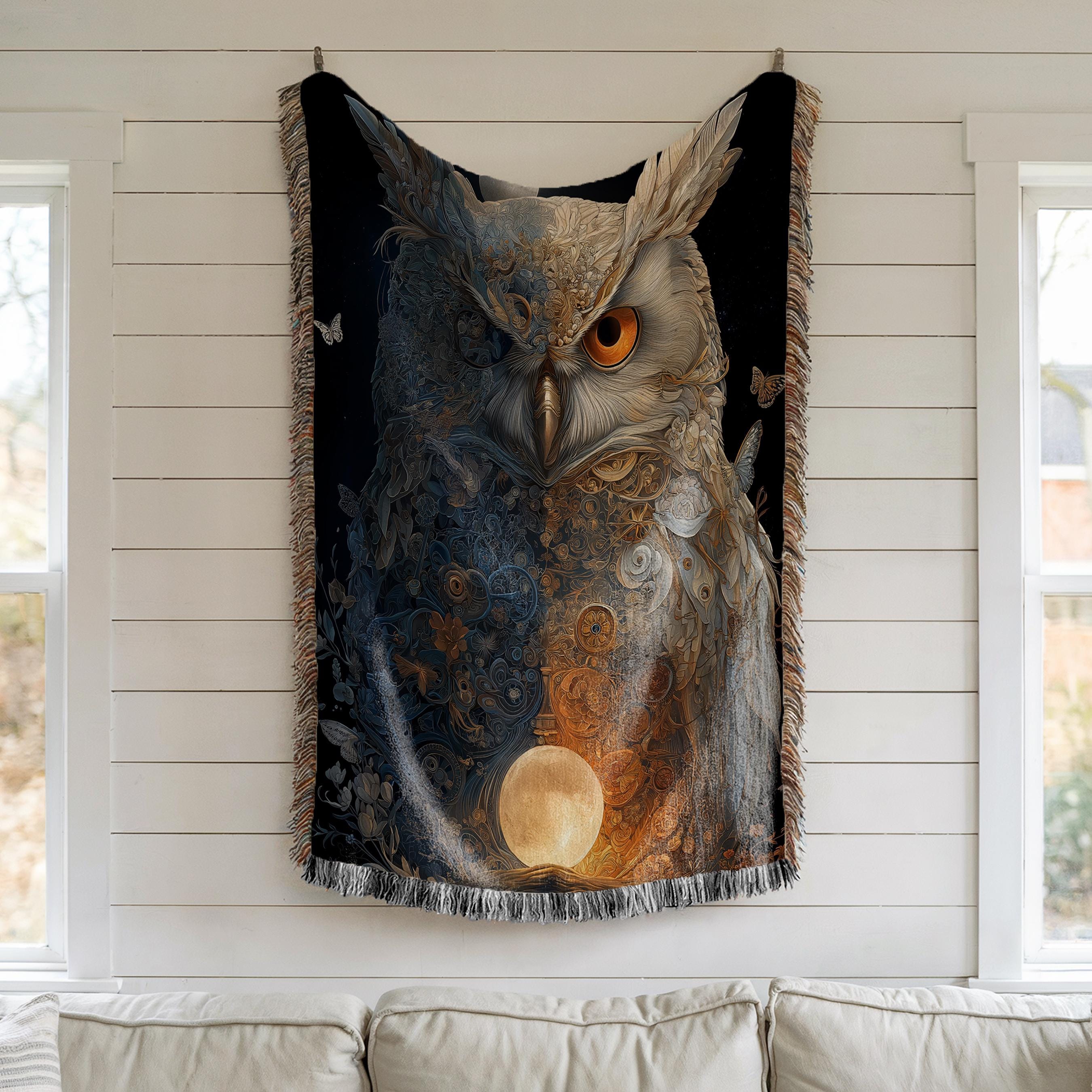 Owl Moon Blanket: Woven Cotton, Navy and Copper Night Art
