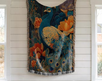 Woven Throw Blanket — Peacock & Lotus, Teal Navy Gold, Boho Glam Housewarming Gift