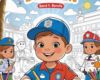 May include: A children's coloring book titled "Entdecke die Welt mit Bubi Bunt Band 1: Berufe" features a smiling child coloring a picture of a police officer. The cover art includes illustrations of various professions, a sun, and palm trees.